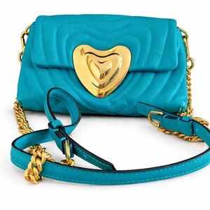 Like New Escada Leather Quilted Heart Teal Small Crossbody Bag